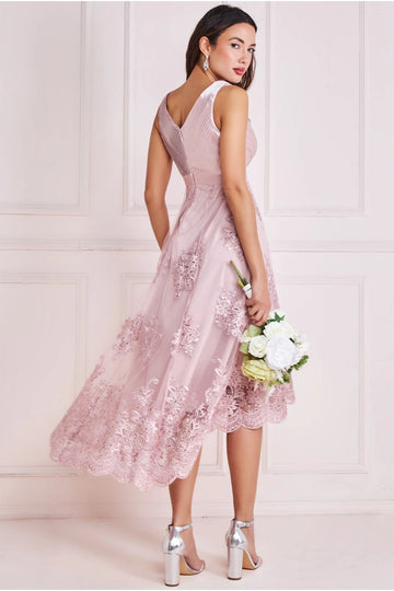 Pleated Satin V Neck High And Low Midi Goddiva